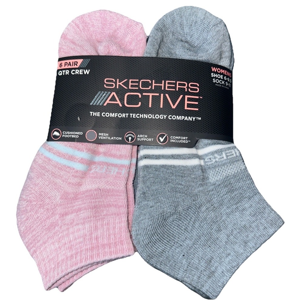 SKECHERS ACTIVE Womens Socks Low Cut Cushion Arch Support 6 Pair Crew SZ 9-11 NW